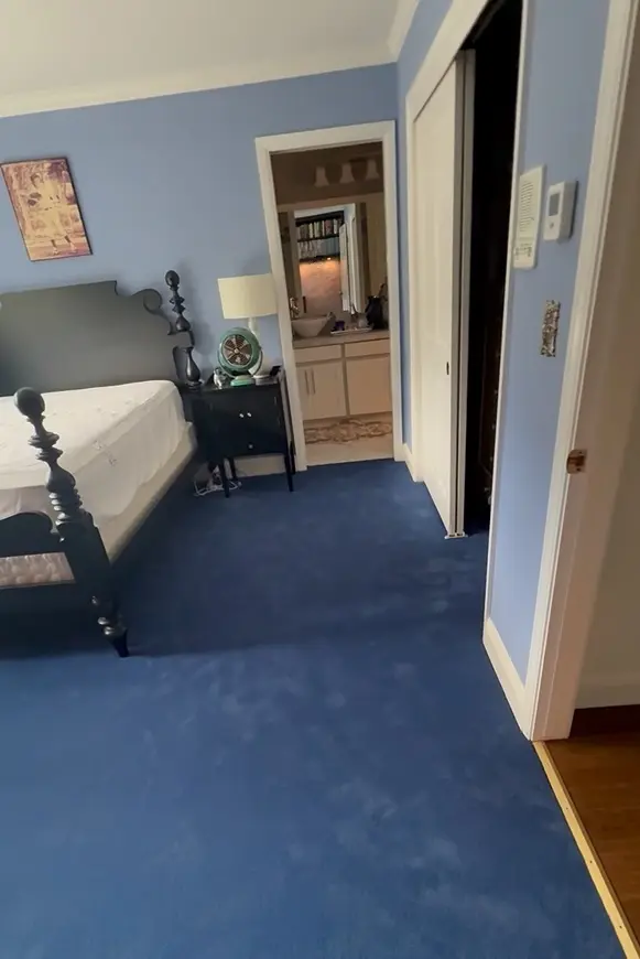 Bentley Mills Kings Road carpet in Pacific Sea blue in a Hillsborough, CA bedroom