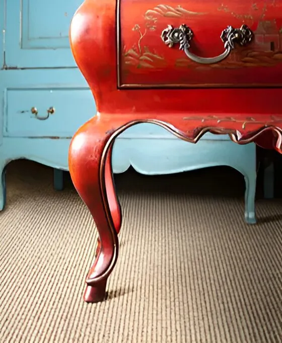 Textured natural wool carpet in the Antigua style beneath a red chinoiserie accent table