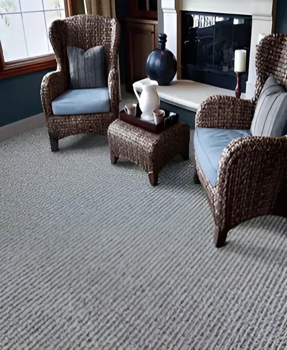 Bahama Shores woven wool carpet in a living room with wicker chairs and a fireplace